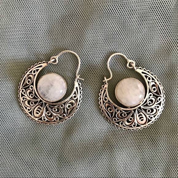 Crescent Moon Boho Silver Earrings - Picture 2 of 4